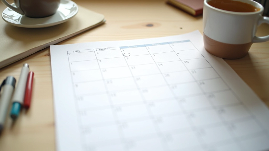 Calendar with weekly review circles and monthly milestone markers highlighted in color