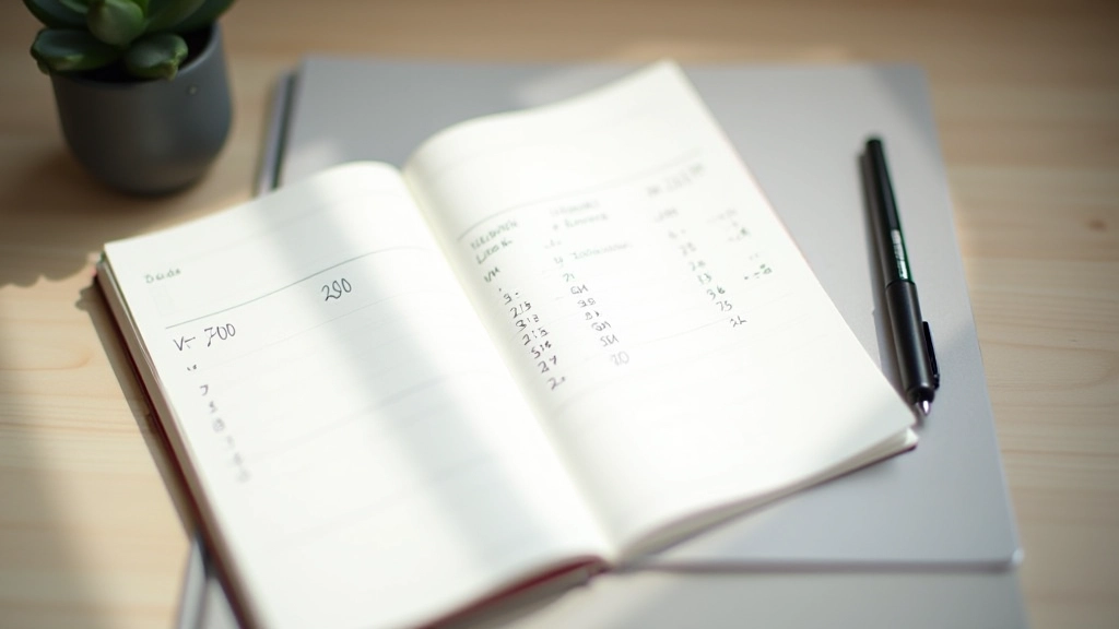 Notebook showing handwritten metrics with weekly progress checkpoints and comparison columns