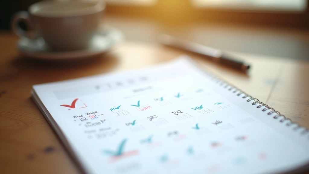 Printed calendar with consecutive days marked with colored checkmarks and milestone dates highlighted