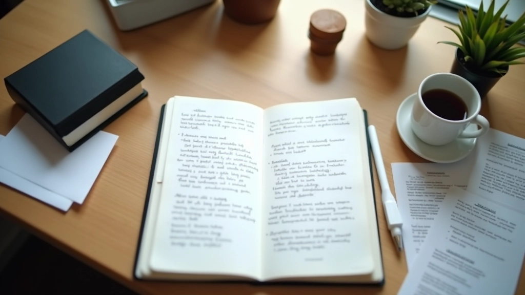 Workspace with planning materials, notebook, and goal-tracking documents on wooden desk