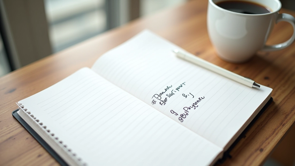 Open planner notebook with handwritten goals and a pen on wooden desk