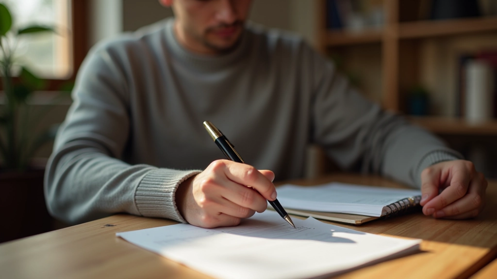 Person reviewing handwritten progress notes in a quiet workspace with natural light