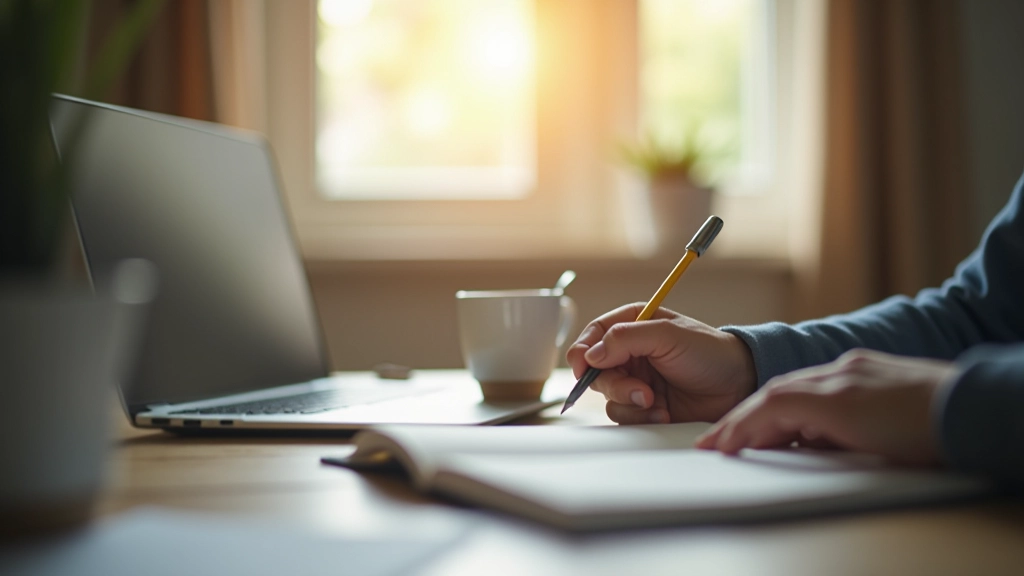 Person writing in notebook with coffee and laptop visible on desk