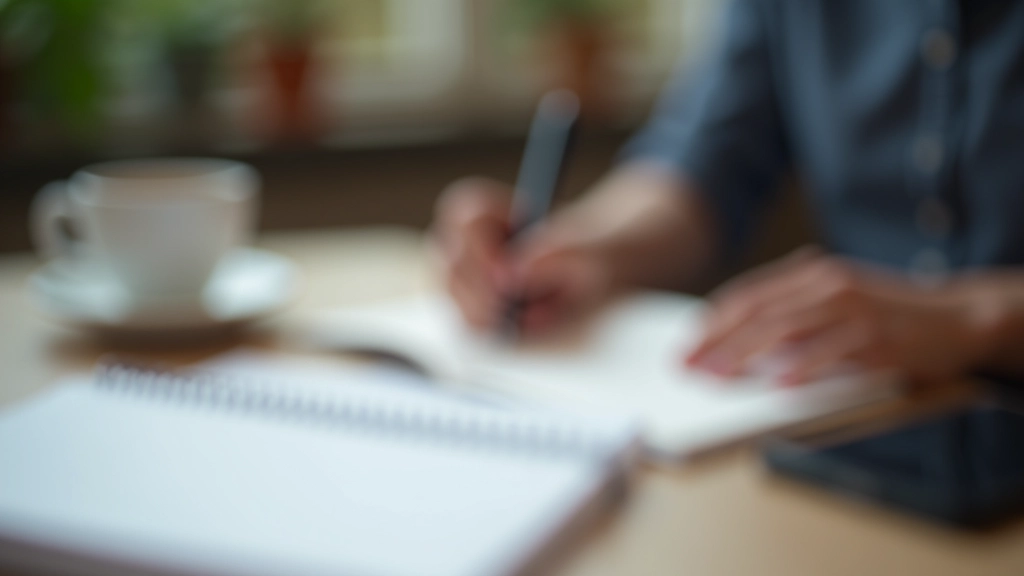 Closeup of person writing goal notes on paper with pen and coffee cup nearby
