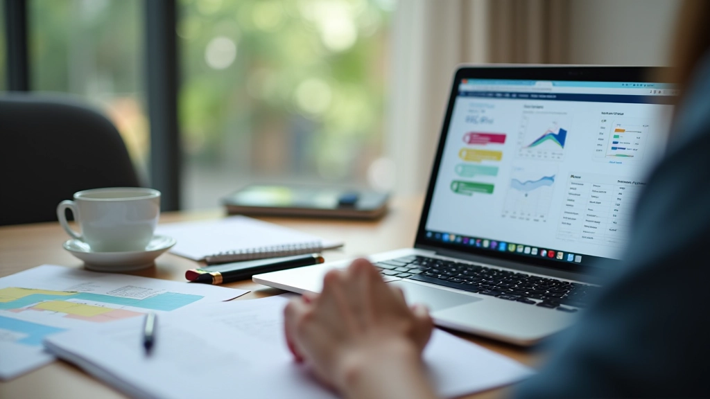 Professional using goal tracking system and planning dashboard on computer